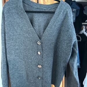CeCe Heather Gray Cardigan with Jewel Buttons